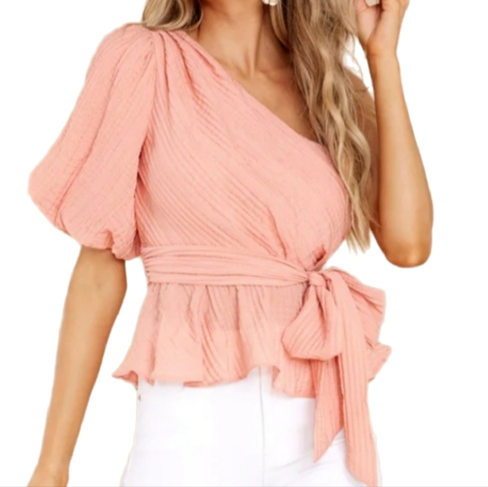 NWT MinkPink Vera One Shoulder Top in Rose, cold shoulder ruffled hem Sz Sm